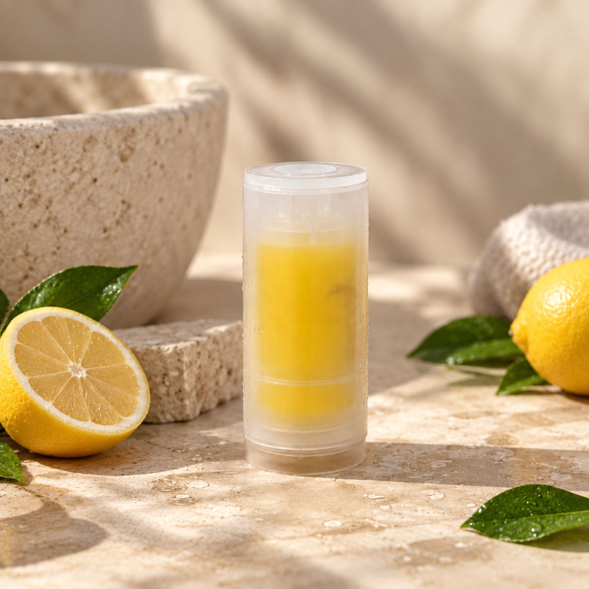Capsule parfumée au citron pour pommeau de douche EOVAA, présentée sur une surface en pierre beige avec des citrons et des feuilles vertes.