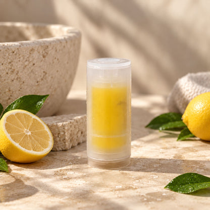 Capsule parfumée au citron pour pommeau de douche EOVAA, présentée sur une surface en pierre beige avec des citrons et des feuilles vertes.