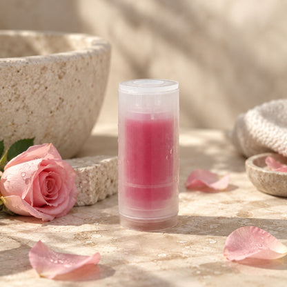 Capsule parfumée à la rose pour pommeau de douche EOVAA, présentée sur une surface en pierre beige avec une rose et des pétales.