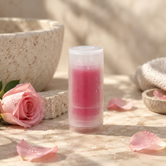 Capsule parfumée à la rose pour pommeau de douche EOVAA, présentée sur une surface en pierre beige avec une rose et des pétales.
